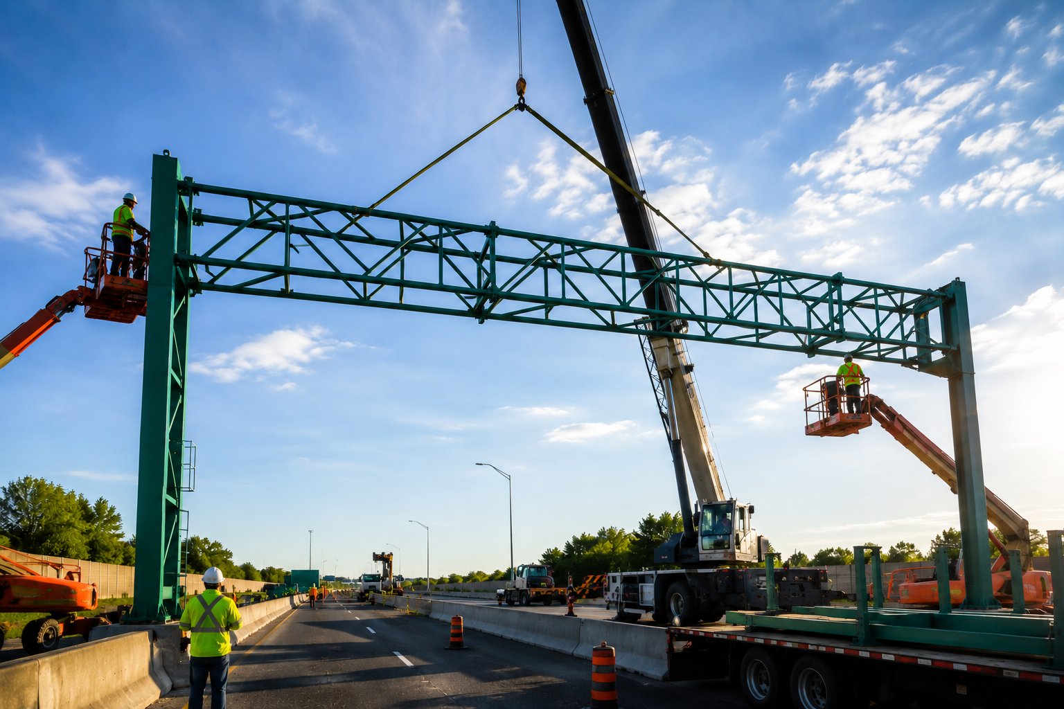 Powder coated highway sign structure being installed by crane